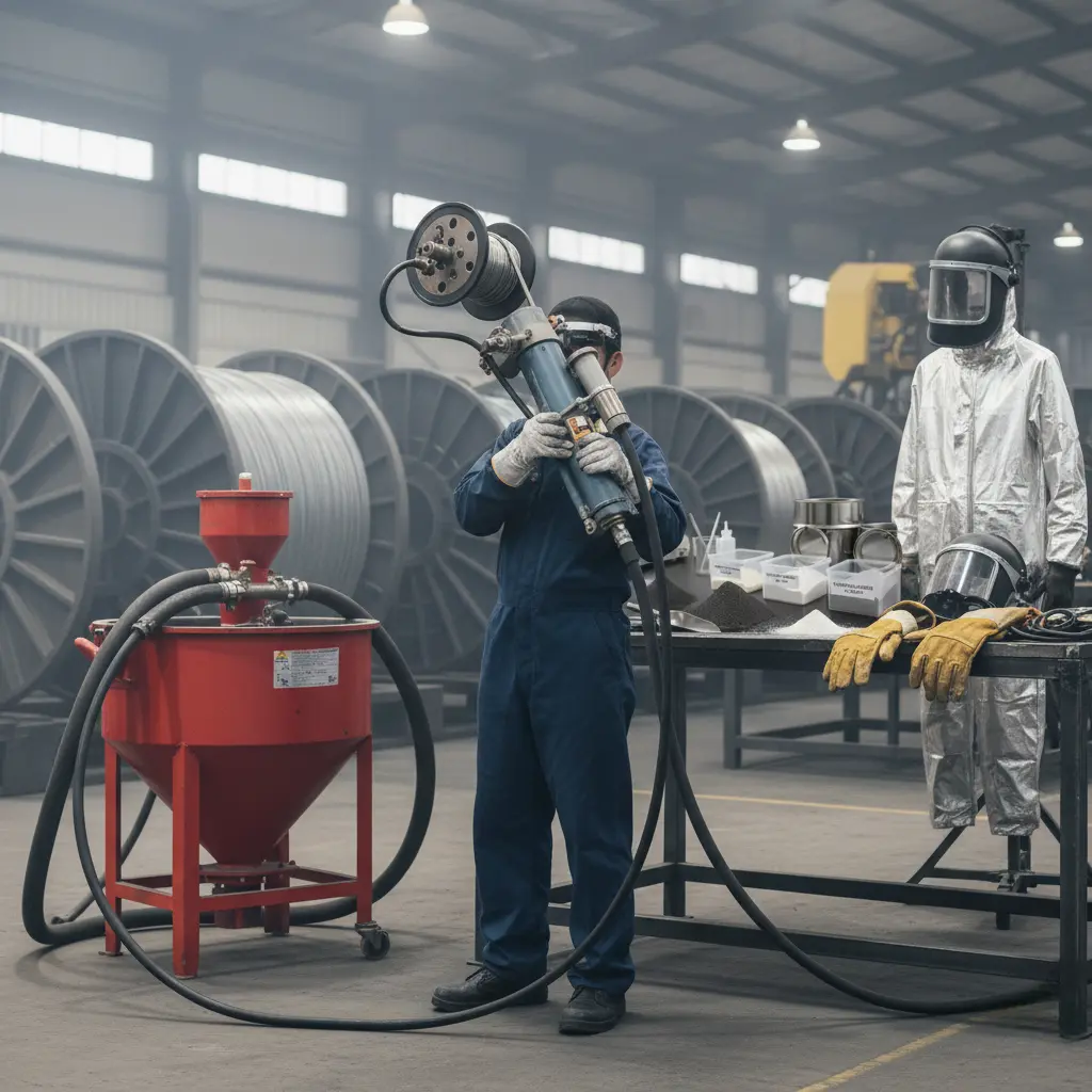 Thermal spray gun, arc spray gun, blasting hopper and protective equipment
