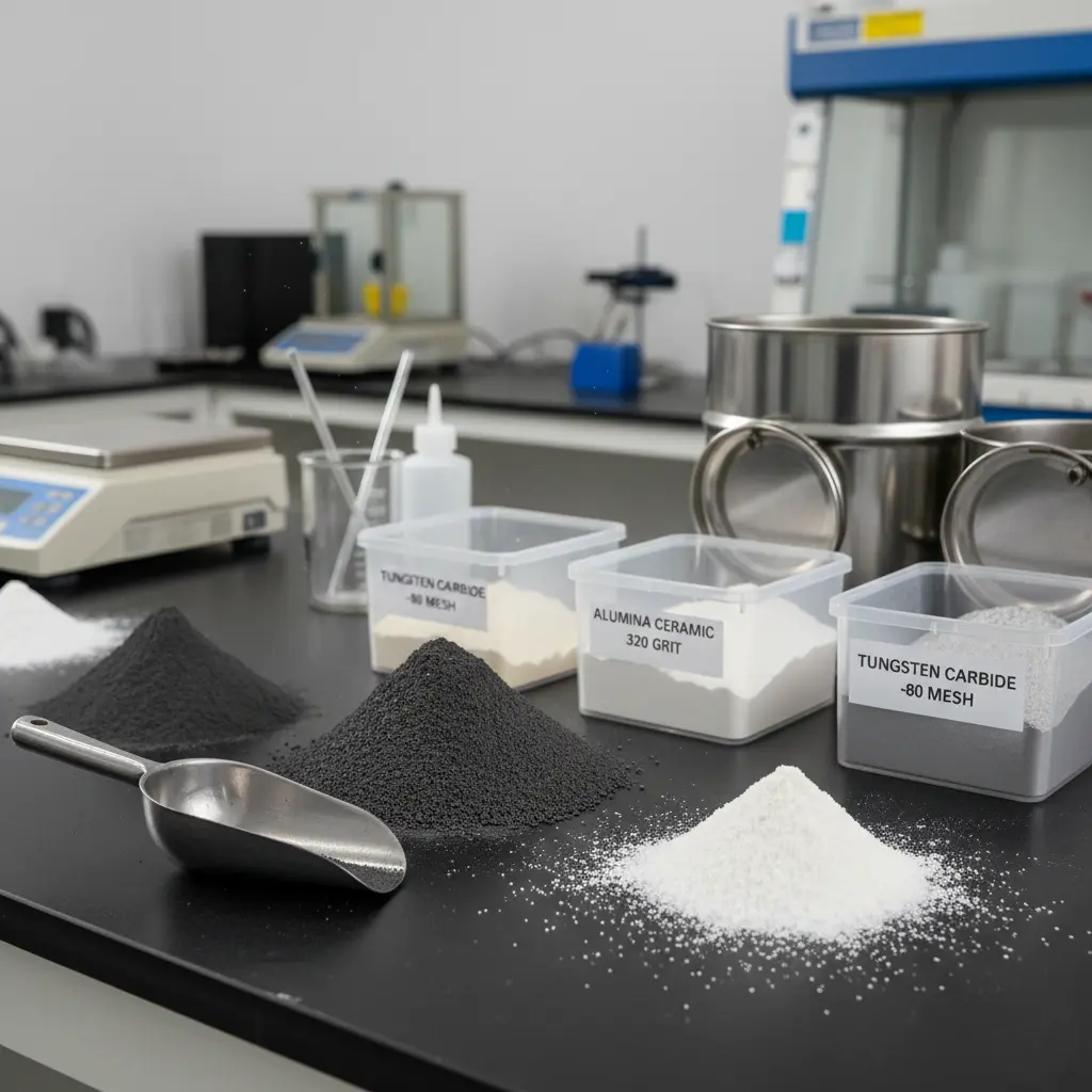 Industrial metal powders in piles and containers, carbide and ceramic powders