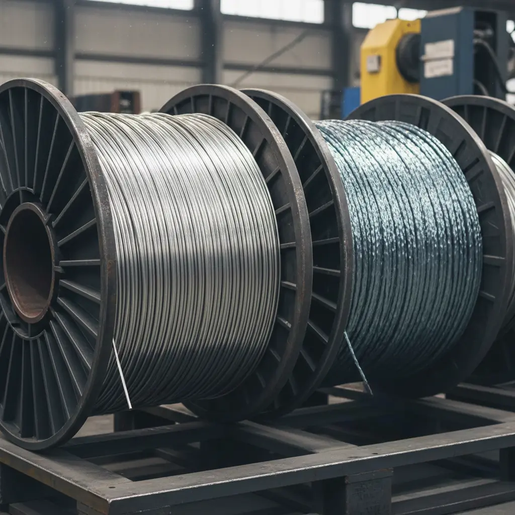 Close up of shiny aluminium and zinc thermal spray wires on industrial spools
