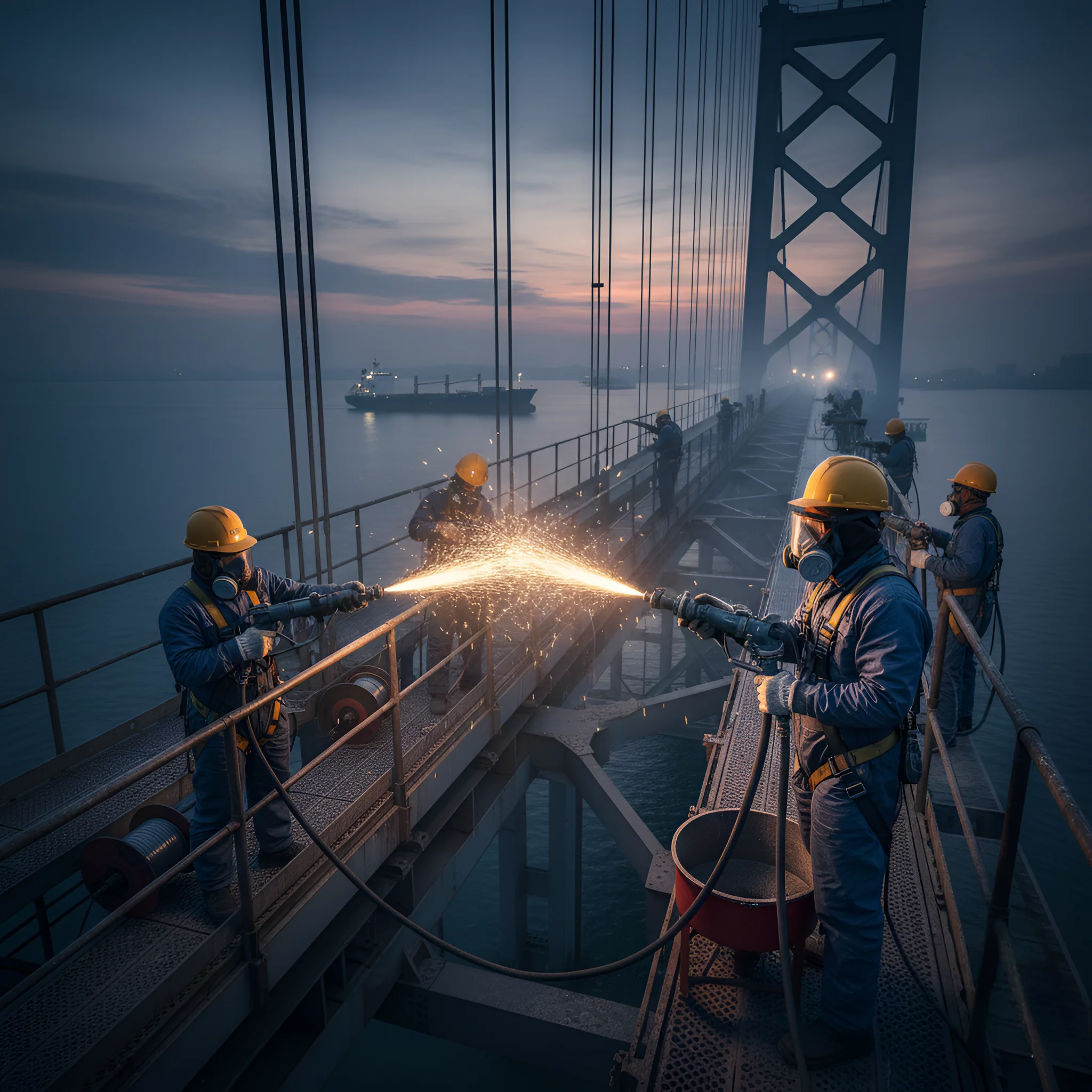 Thermal spray zinc coating on bridge infrastructure.